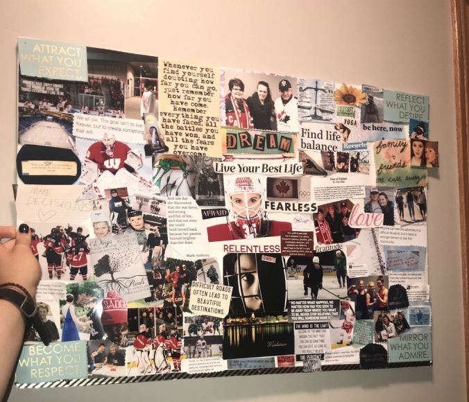 A collage of quotes, phrases, photos, and other cutouts, all pasted together on to a poster board.